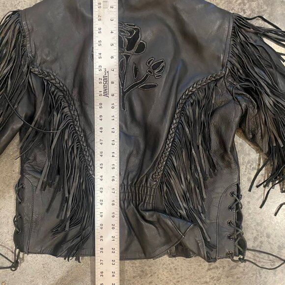 Black Leather Vintage Biker Jacket with Fringe and Rose Detail - Picture 10 of 13